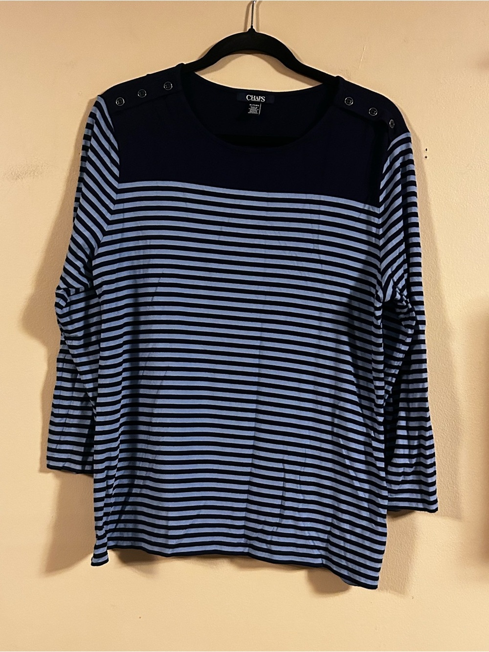 Chaps XL Navy Blue Striped 3/4 Sleeve Top Shoulder Button Detail